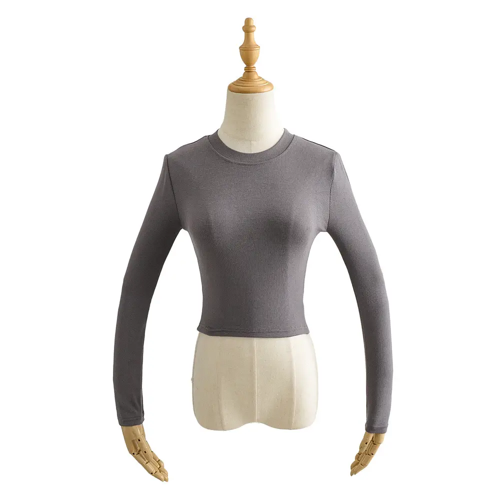 Women Grey Slim Fit Neckline T-Shirt Long Sleeve - Image 5
