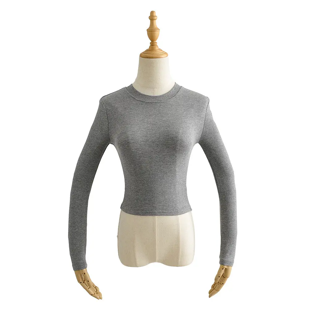 Women Grey Slim Fit Neckline T-Shirt Long Sleeve - Image 4