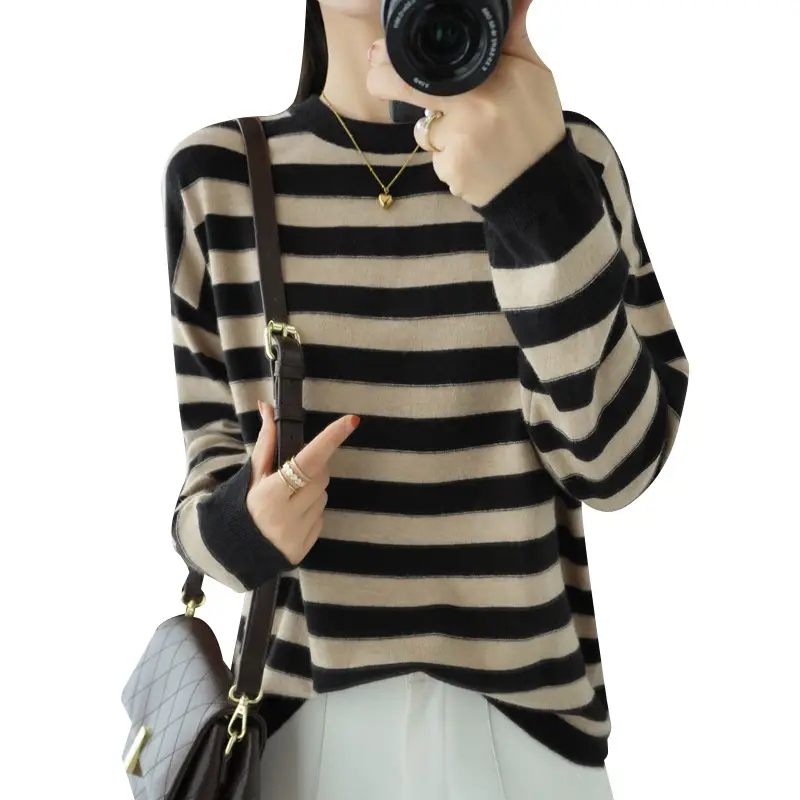 Women's Black White Striped Knitted Sweater Large - Image 9