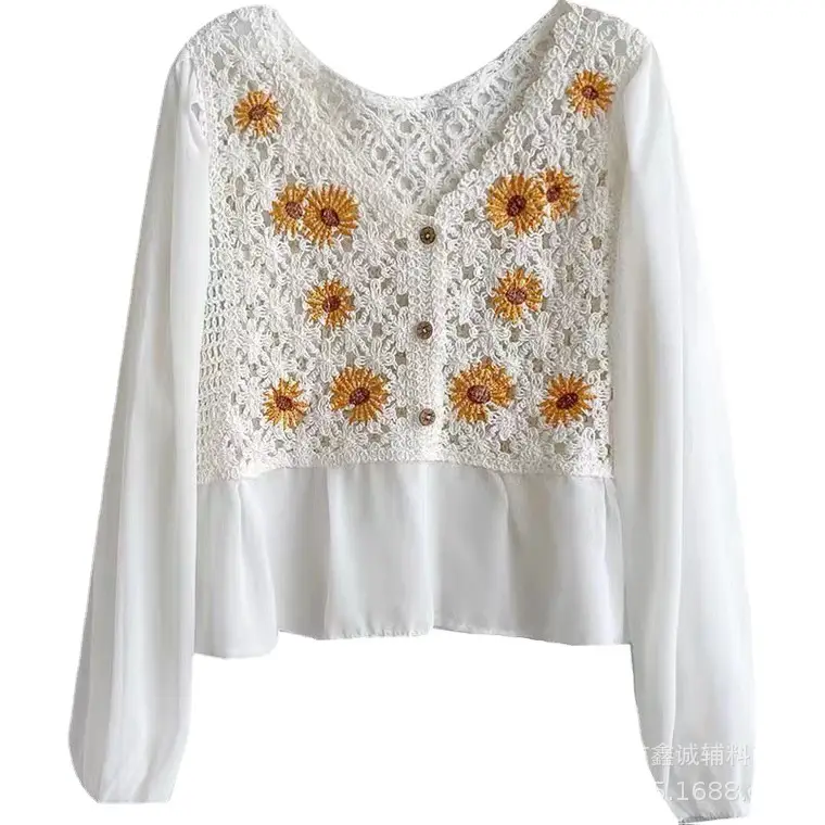 New French Style Embroidered White Shirt with Puff Sleeves - Image 86