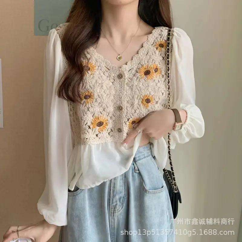 New French Style Embroidered White Shirt with Puff Sleeves - Image 2