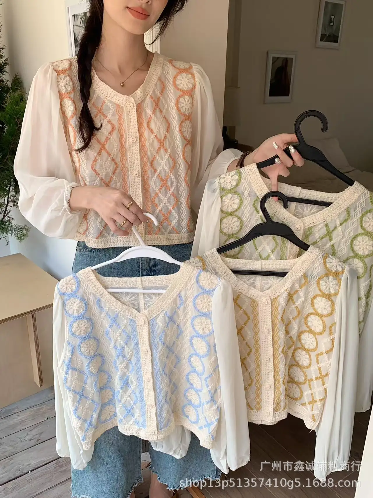 New French Style Embroidered White Shirt with Puff Sleeves - Image 7