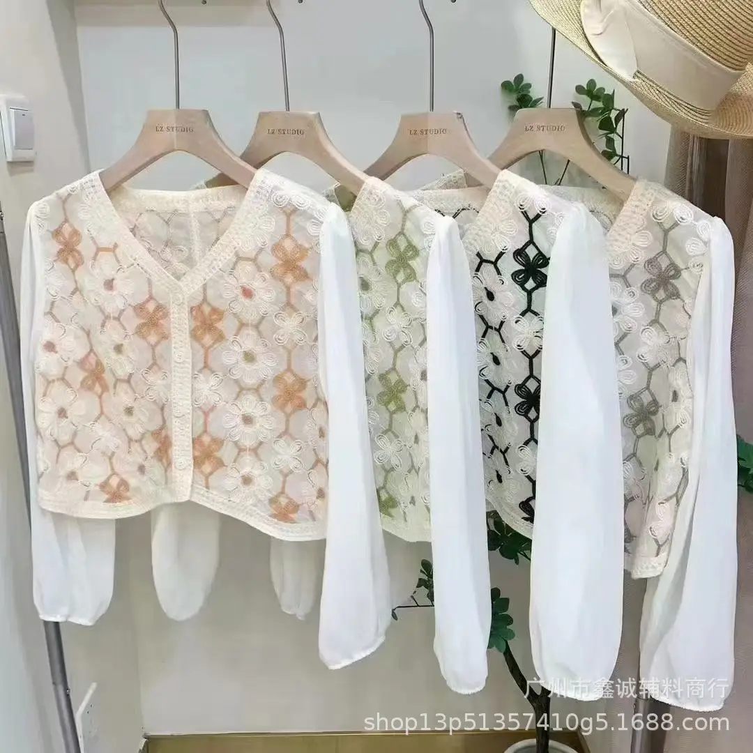 New French Style Embroidered White Shirt with Puff Sleeves - Image 77