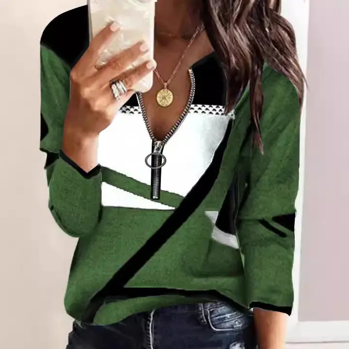 Women's Blue Printed Long Sleeve T-Shirt with Zipper Closure - Image 6