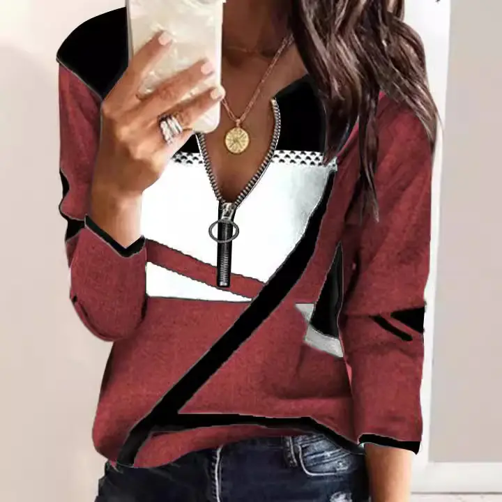 Women's Blue Printed Long Sleeve T-Shirt with Zipper Closure - Image 7