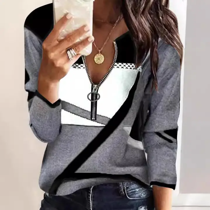 Women's Blue Printed Long Sleeve T-Shirt with Zipper Closure - Image 8