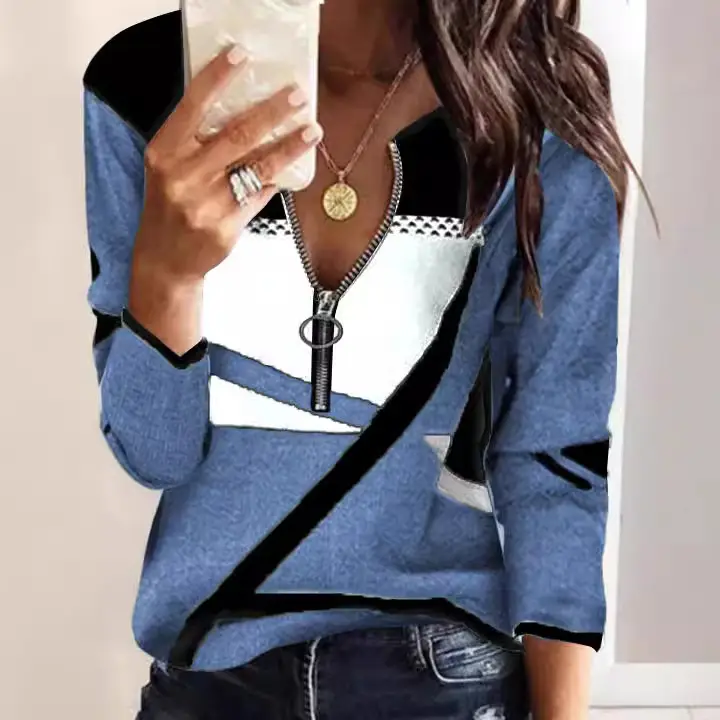 Women's Blue Printed Long Sleeve T-Shirt with Zipper Closure - Image 9