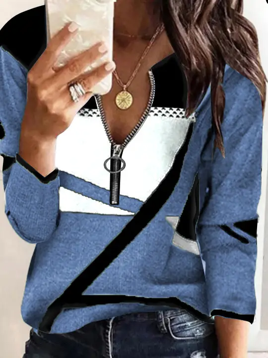 Women's Blue Printed Long Sleeve T-Shirt with Zipper Closure - Image 4