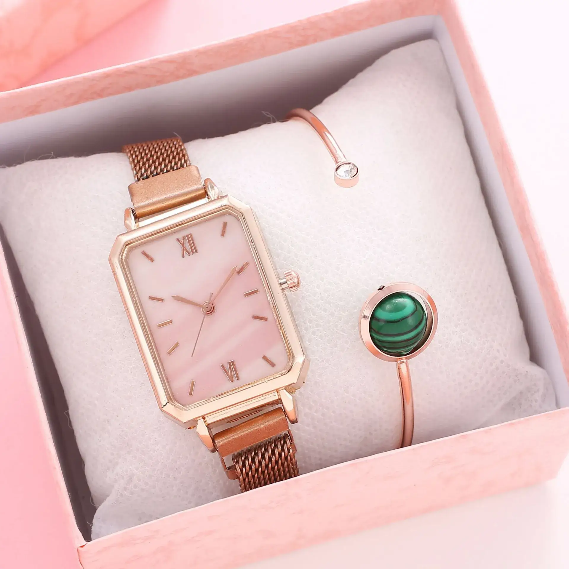 Ladies Quartz Watch Set Rose Gold Green Dial Cross-Border