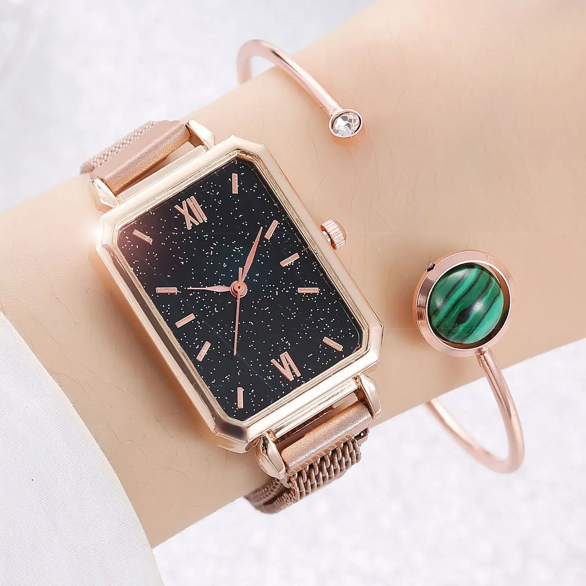 Ladies Quartz Watch Set Rose Gold Green Dial Cross-Border
