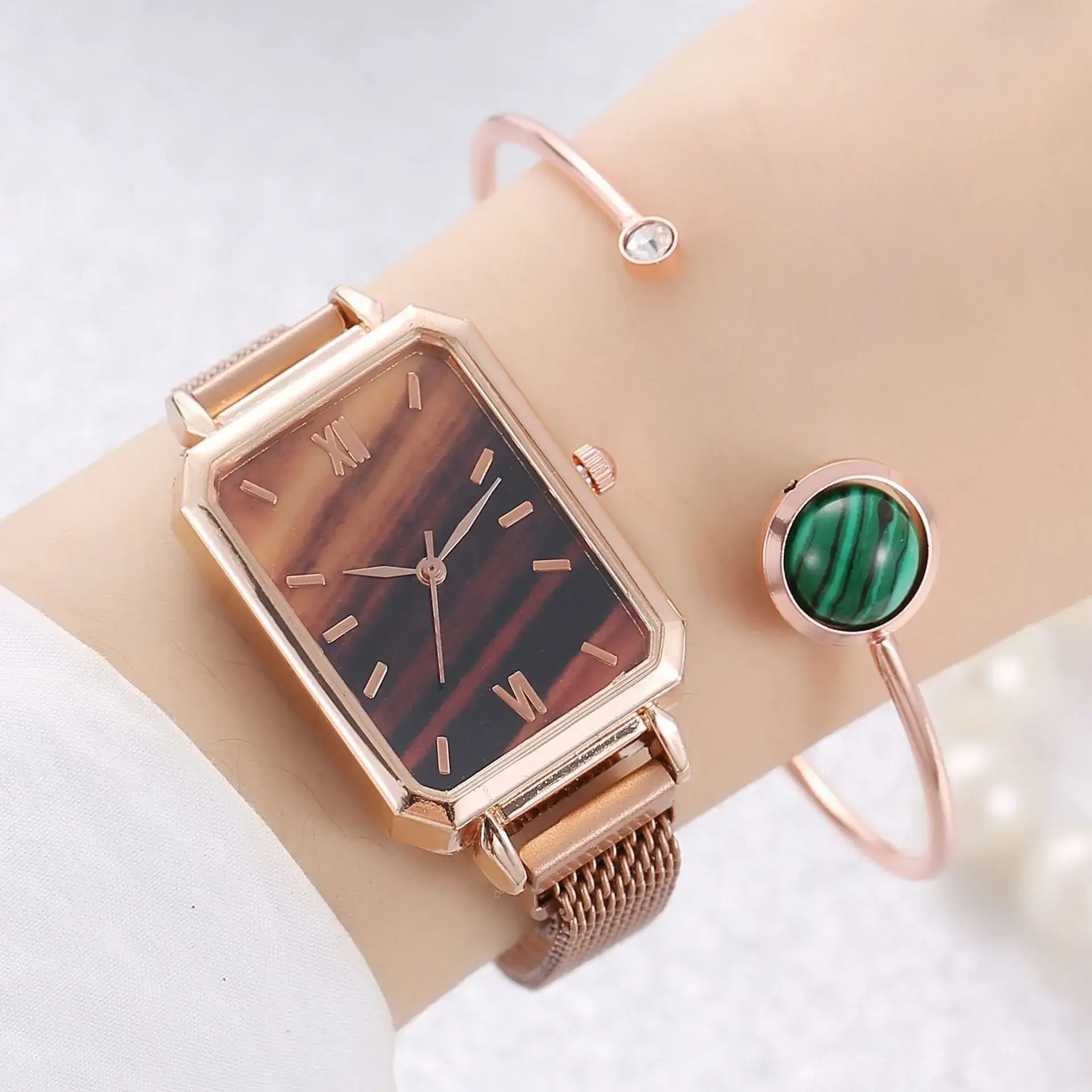 Ladies Quartz Watch Set Rose Gold Green Dial Cross-Border