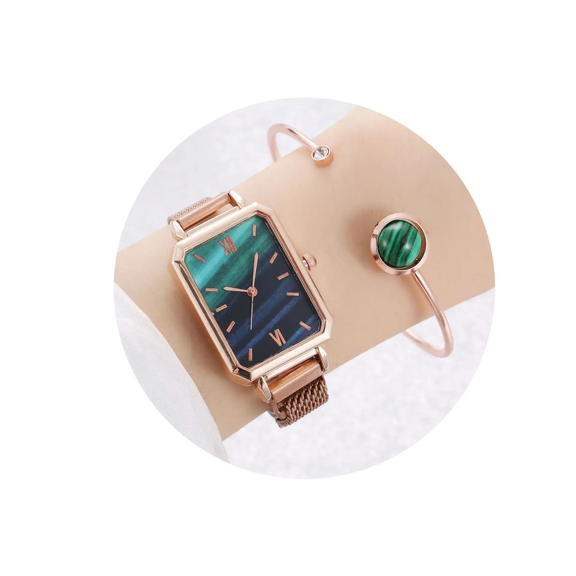 Ladies Quartz Watch Set Rose Gold Green Dial Cross-Border