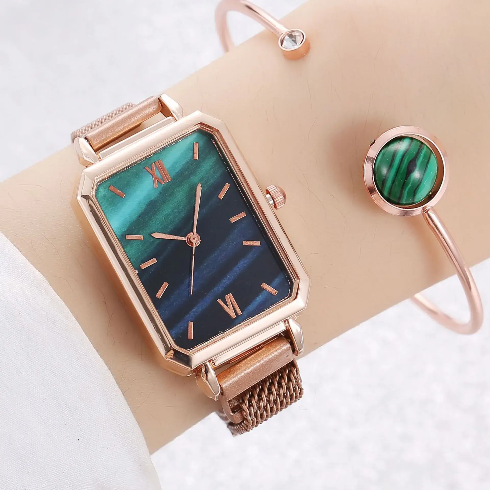 Ladies Quartz Watch Set Rose Gold Green Dial Cross-Border