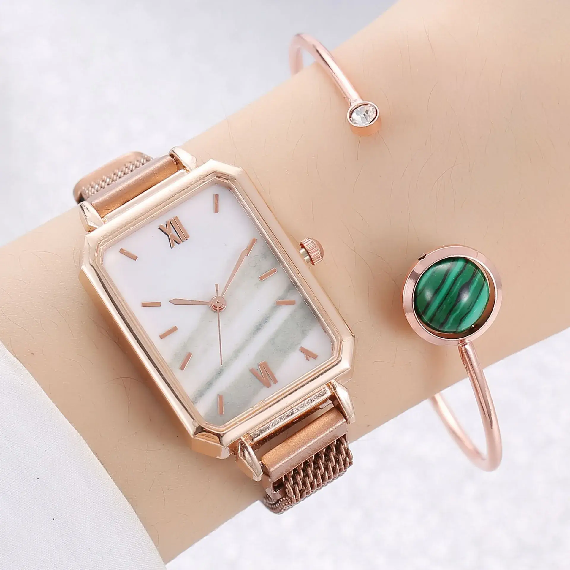 Ladies Quartz Watch Set Rose Gold Green Dial Cross-Border