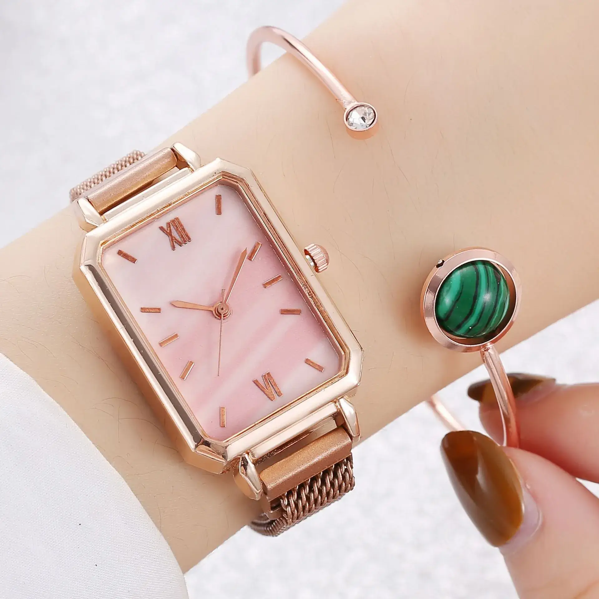 Ladies Quartz Watch Set Rose Gold Green Dial Cross-Border