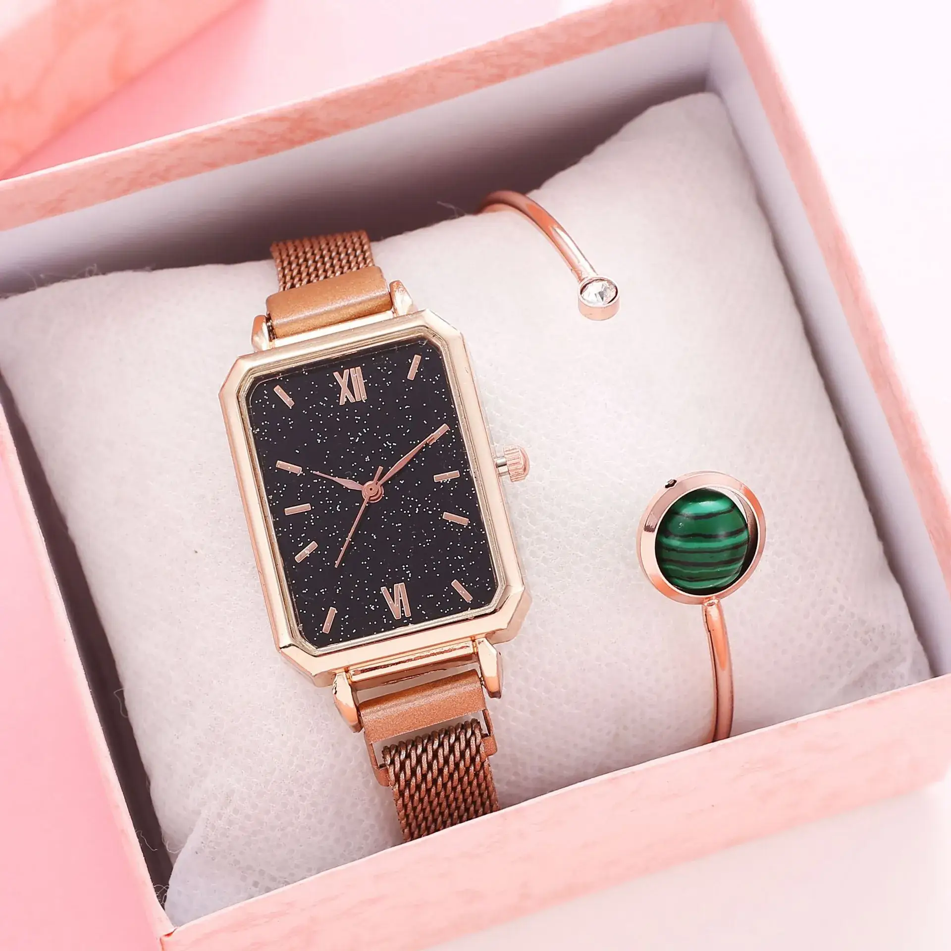 Ladies Quartz Watch Set Rose Gold Green Dial Cross-Border