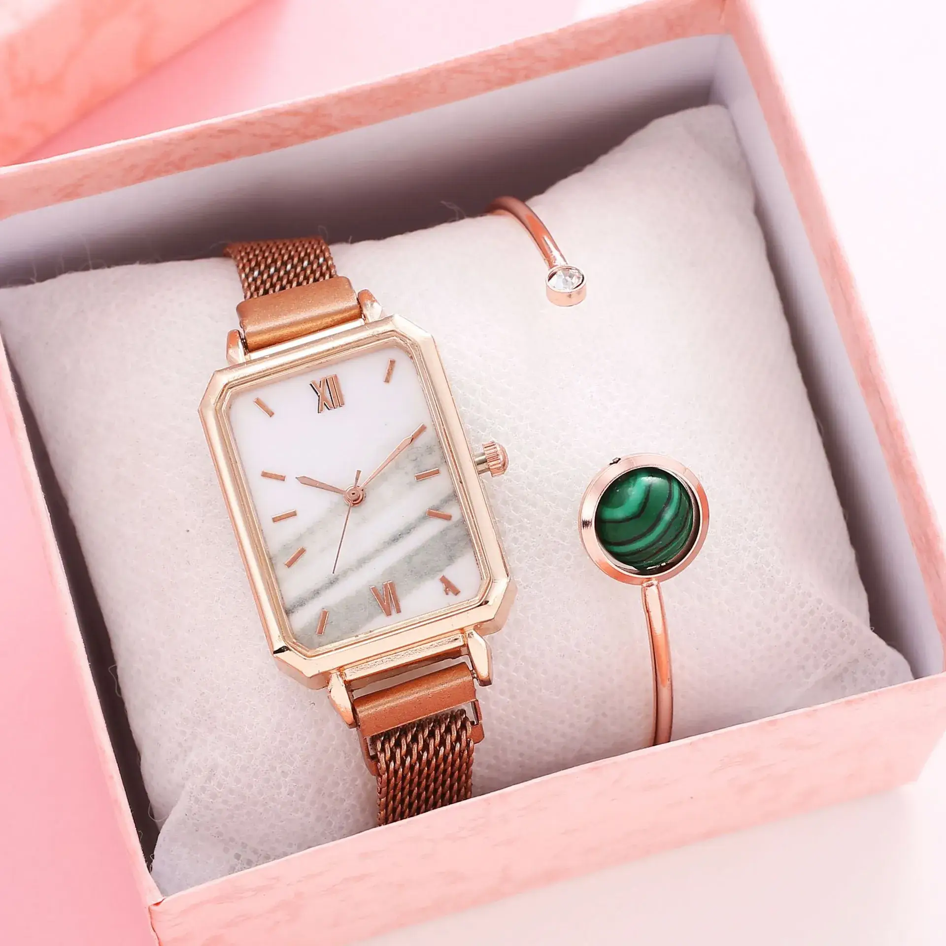Ladies Quartz Watch Set Rose Gold Green Dial Cross-Border
