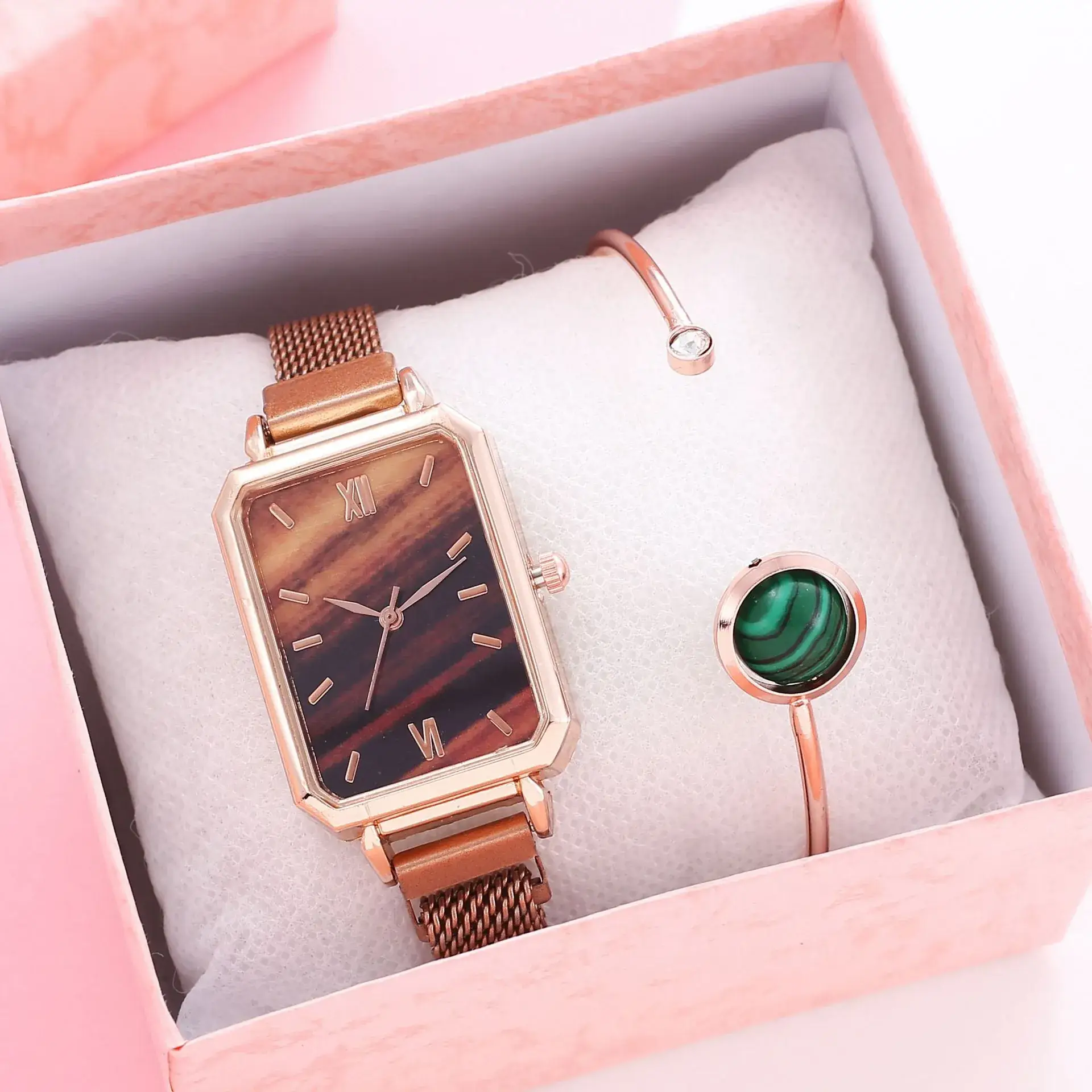 Ladies Quartz Watch Set Rose Gold Green Dial Cross-Border