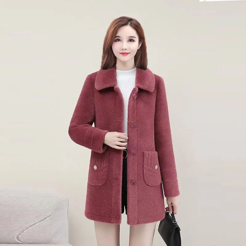 Women's Mid-Length Fleece Coat Beige Slim Fit Autumn Winter - Image 6
