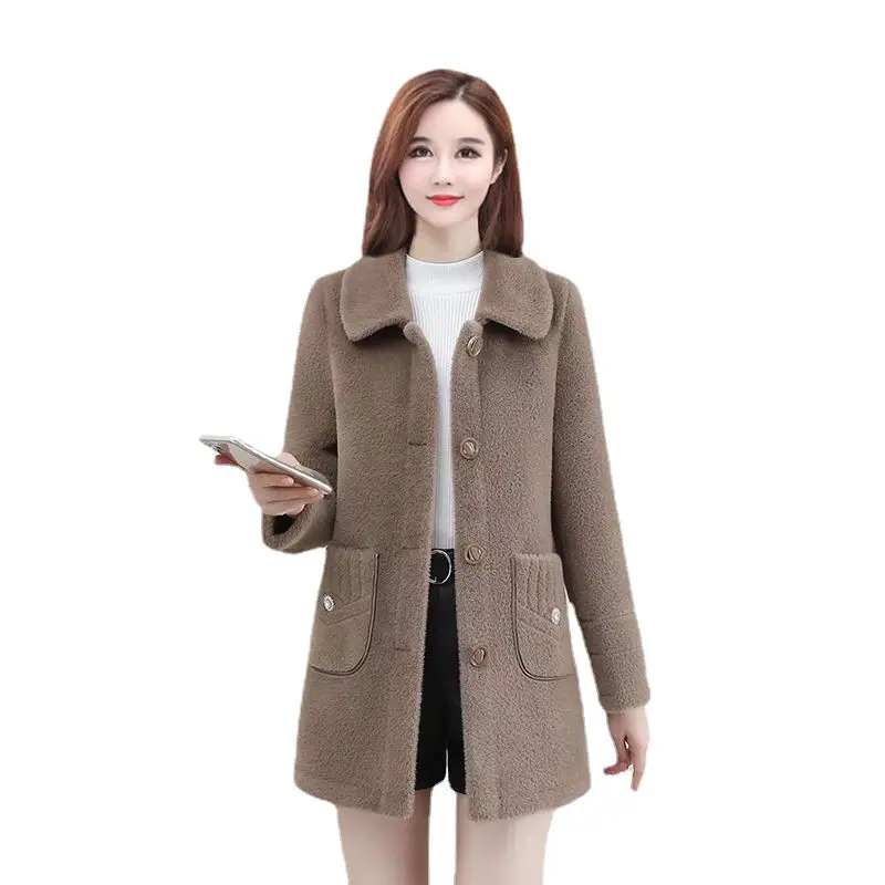 Women's Mid-Length Fleece Coat Beige Slim Fit Autumn Winter - Image 8