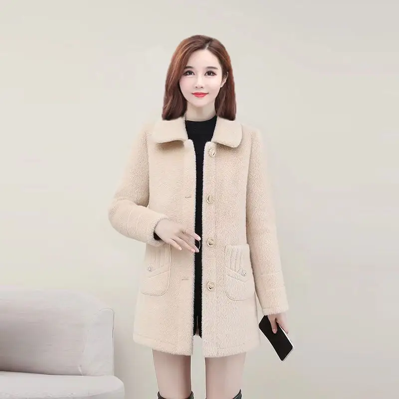 Women's Mid-Length Fleece Coat Beige Slim Fit Autumn Winter — feature 1