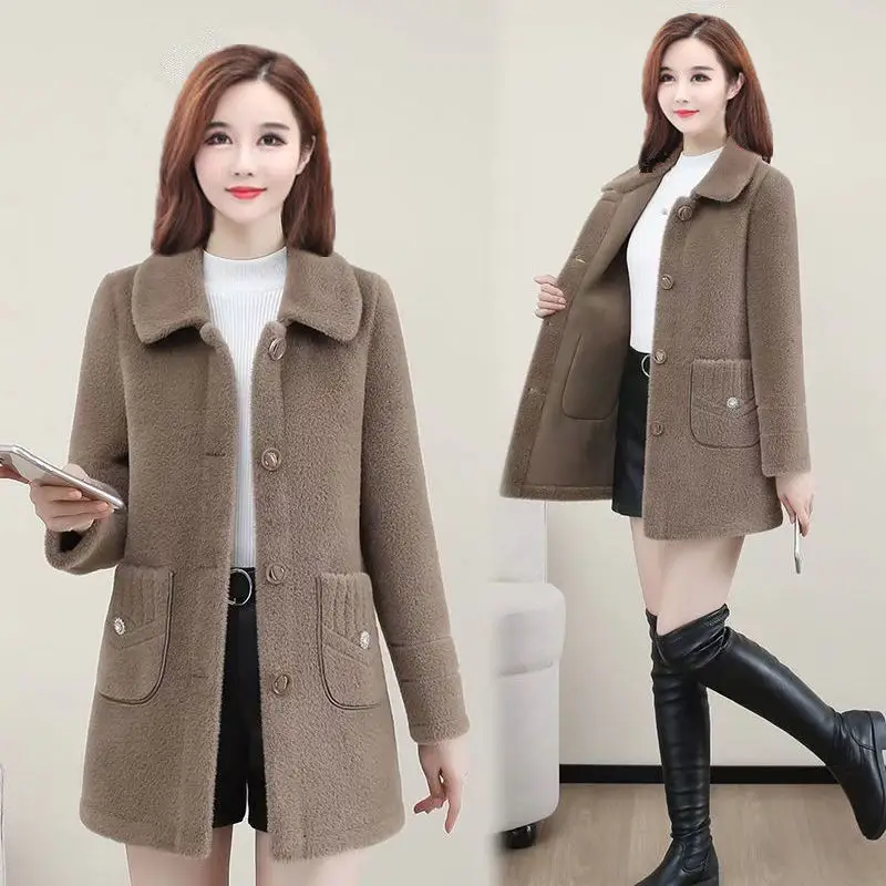 Women's Mid-Length Fleece Coat Beige Slim Fit Autumn Winter — feature 3