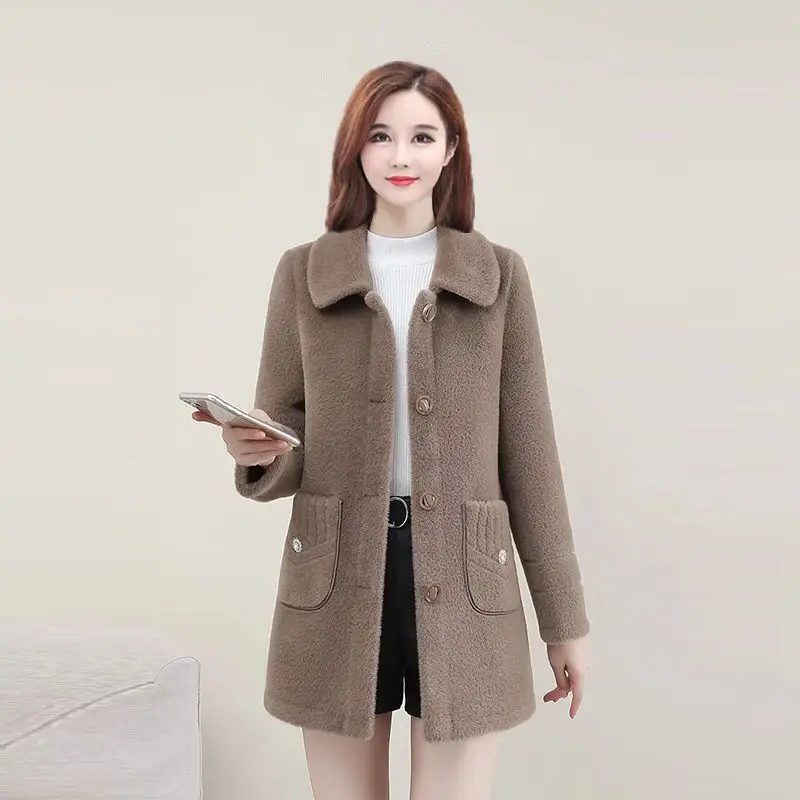 Women's Mid-Length Fleece Coat Beige Slim Fit Autumn Winter — feature 4