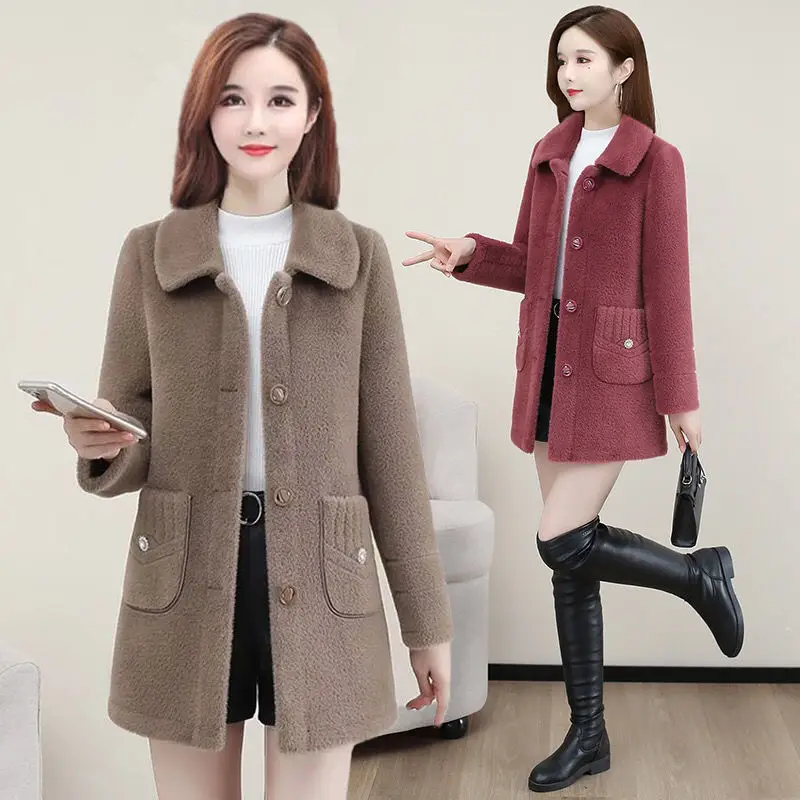 Women's Mid-Length Fleece Coat Beige Slim Fit Autumn Winter — feature 5