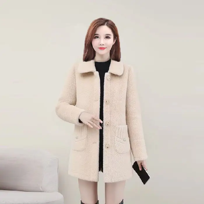 Women's Mid-Length Fleece Coat Beige Slim Fit Autumn Winter - Image 2