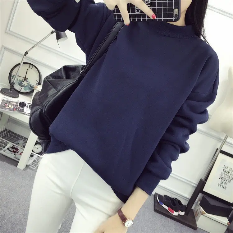 Women Navy Velvet Pullover Sweater Plus Size Winter Top