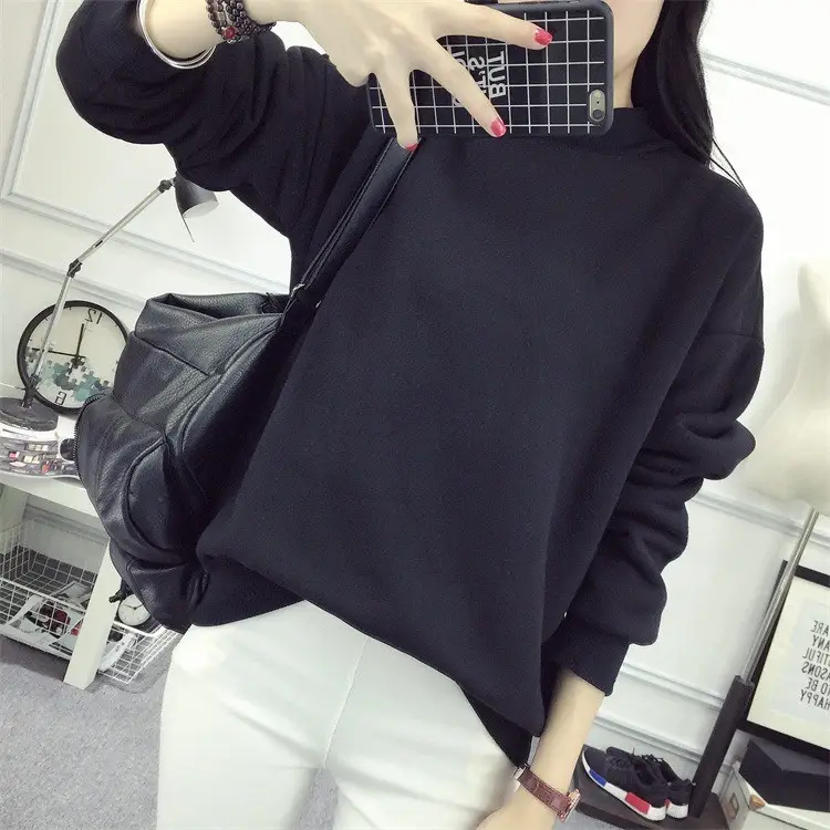 Women Navy Velvet Pullover Sweater Plus Size Winter Top