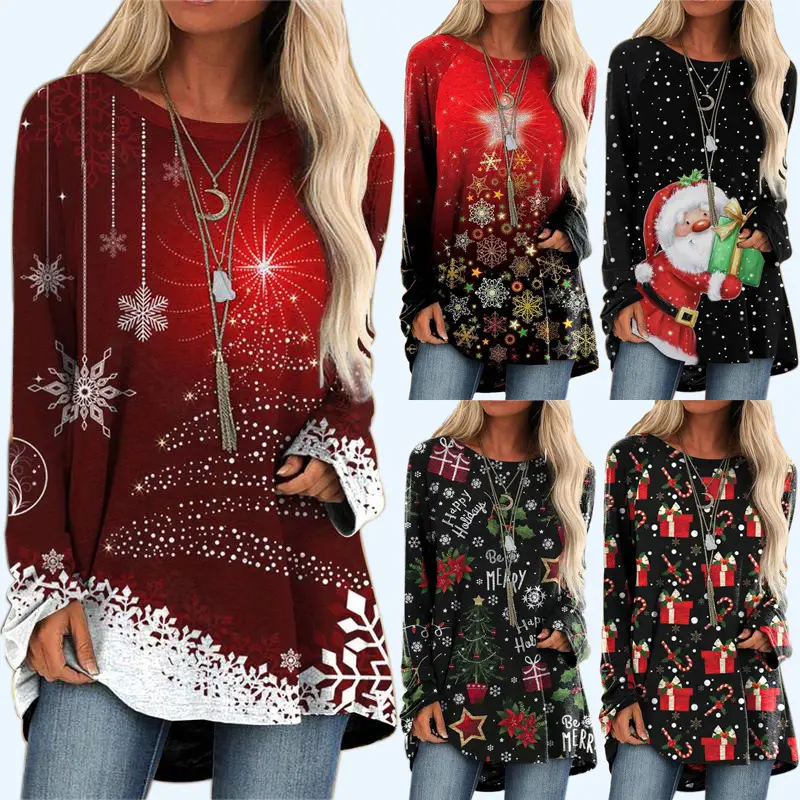 Christmas Printed Pullover T-Shirt Women Maroon Loose Crewneck