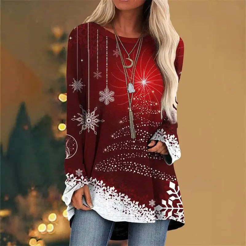 Christmas Printed Pullover T-Shirt Women Maroon Loose Crewneck