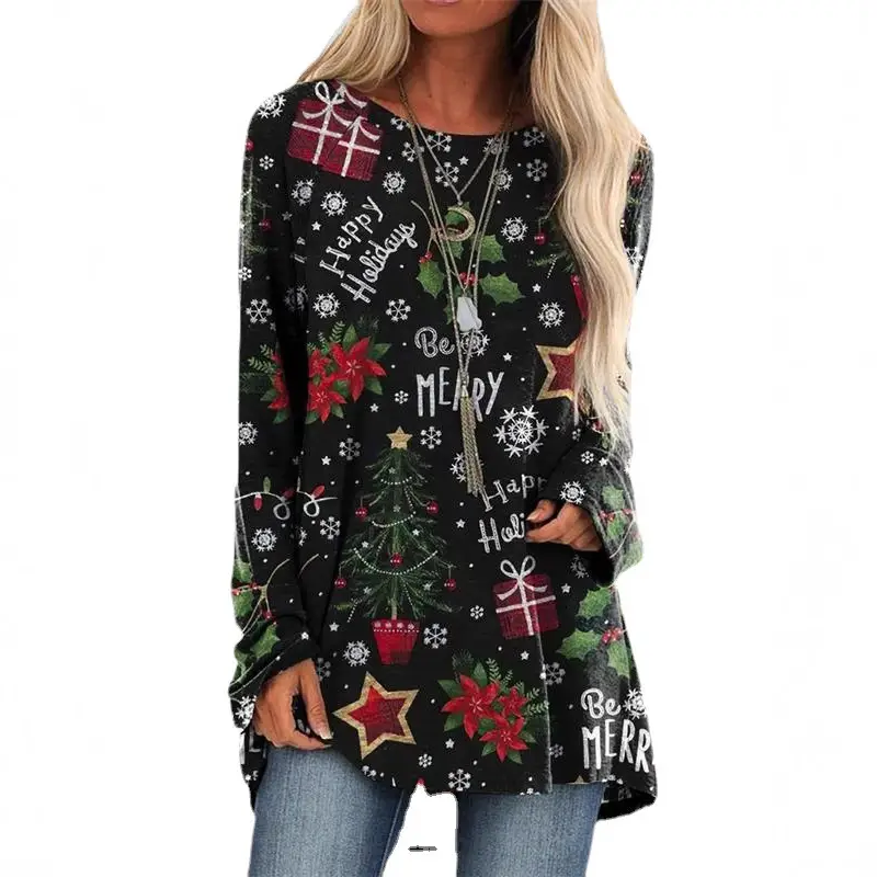 Christmas Printed Pullover T-Shirt Women Maroon Loose Crewneck