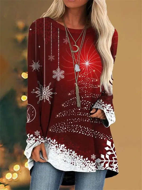 Christmas Printed Pullover T-Shirt Women Maroon Loose Crewneck