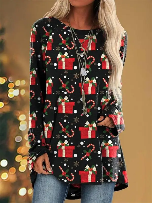 Christmas Printed Pullover T-Shirt Women Maroon Loose Crewneck