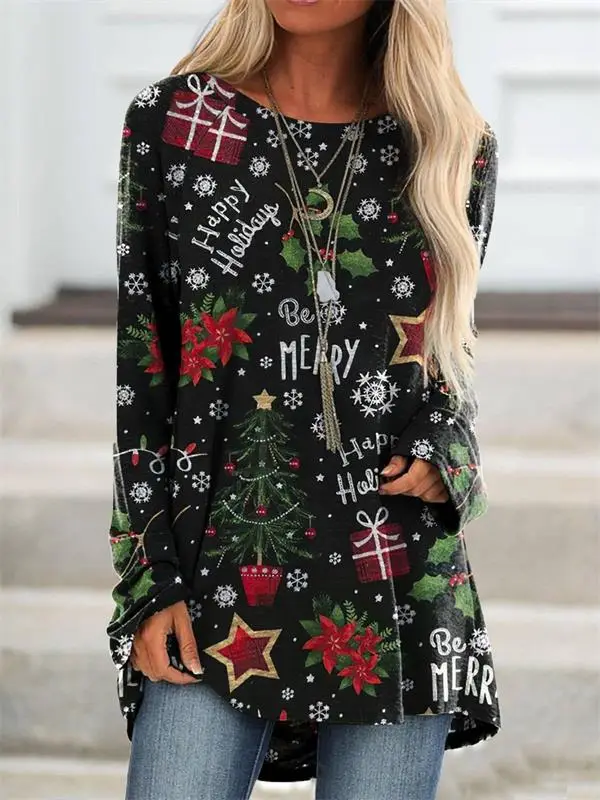 Christmas Printed Pullover T-Shirt Women Maroon Loose Crewneck