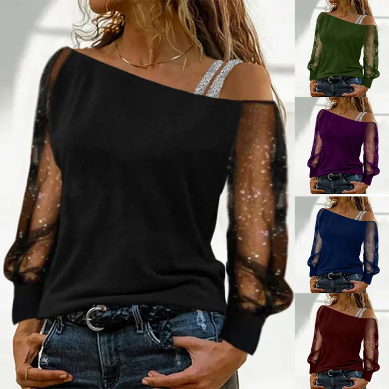 2024 Off-Shoulder Long Sleeve T-Shirt Black Green Purple Blue - Image 3