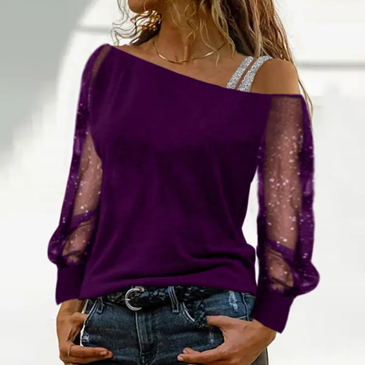 2024 Off-Shoulder Long Sleeve T-Shirt Black Green Purple Blue — feature 8