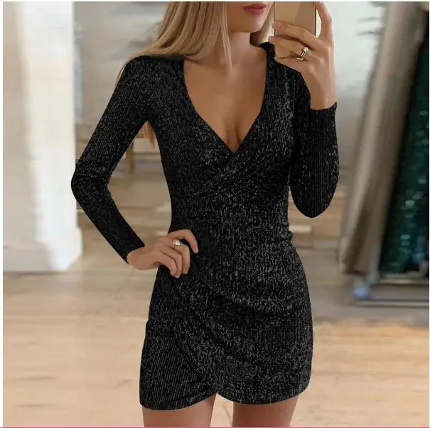 2021 Black Sequin V-Neck Irregular Short Skirt Dress - Image 12