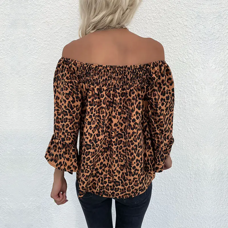 Off-shoulder leopard chiffon pullover women autumn - Image 4