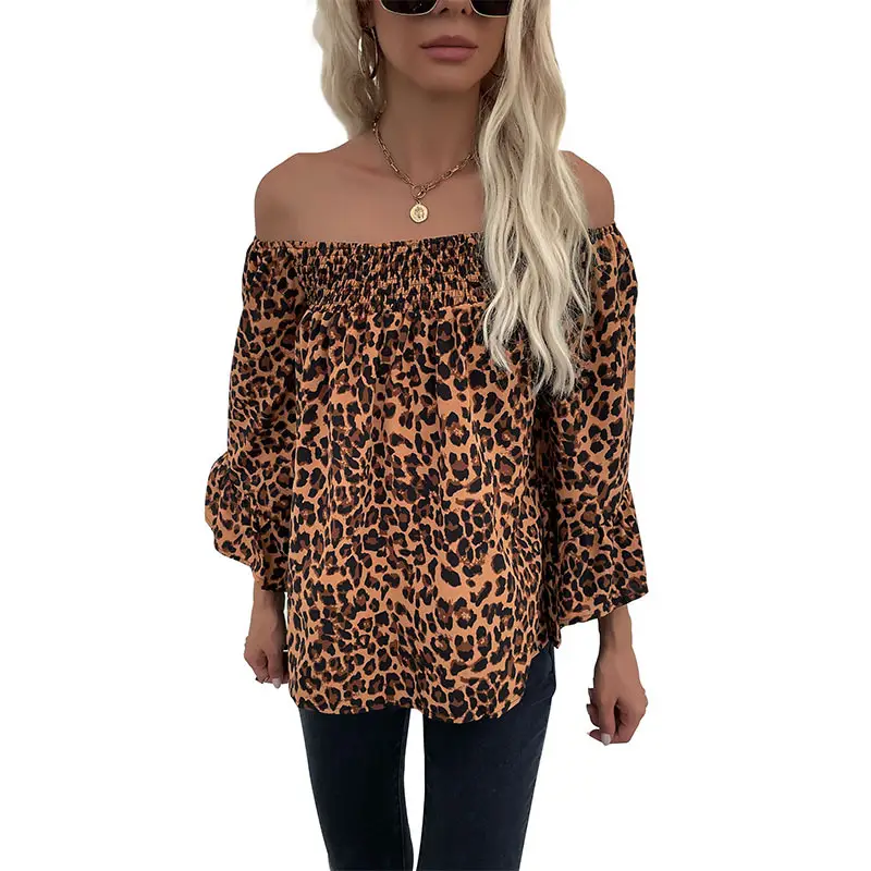 Off-shoulder leopard chiffon pullover women autumn - Image 5