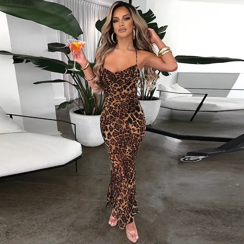 Leopard Print Backless Lace-Up Mid-Length Dress for Women