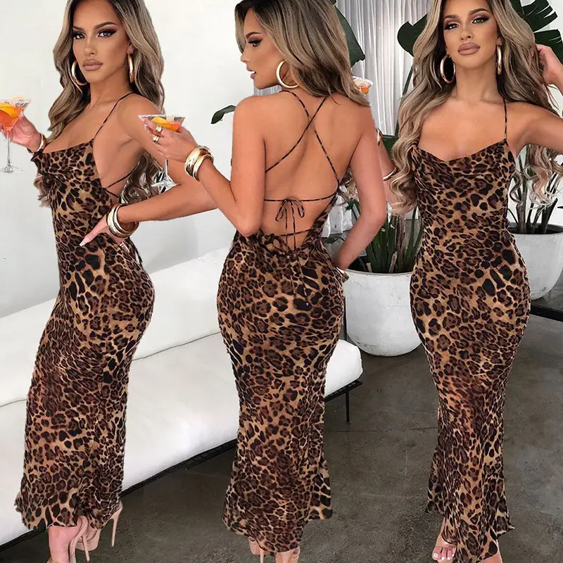 Leopard Print Backless Lace-Up Mid-Length Dress for Women — feature 18