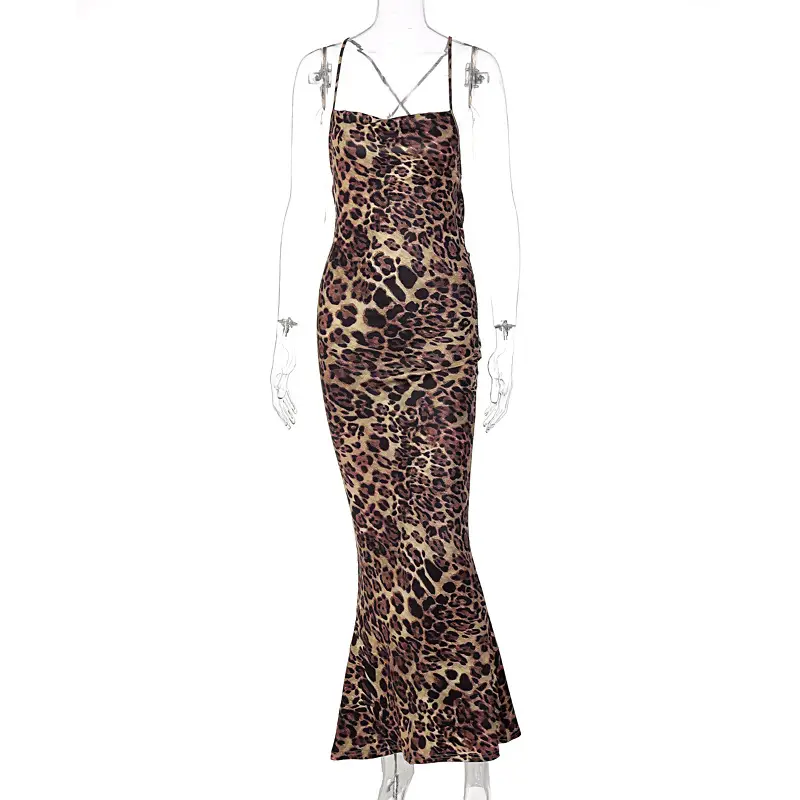 Leopard Print Backless Lace-Up Mid-Length Dress for Women — feature 19