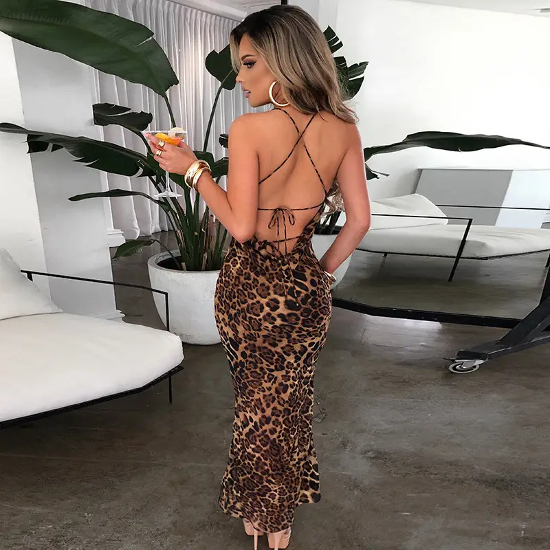 Leopard Print Backless Lace-Up Mid-Length Dress for Women — feature 8