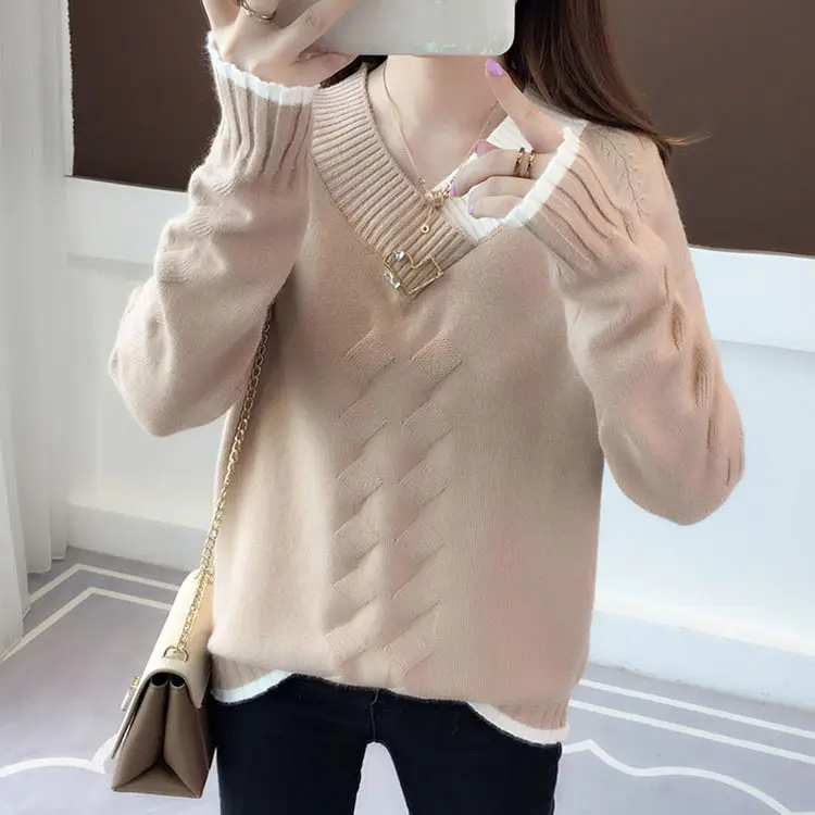Women Yellow V-Neck Knit Sweater Long Sleeve Export Style - Image 2