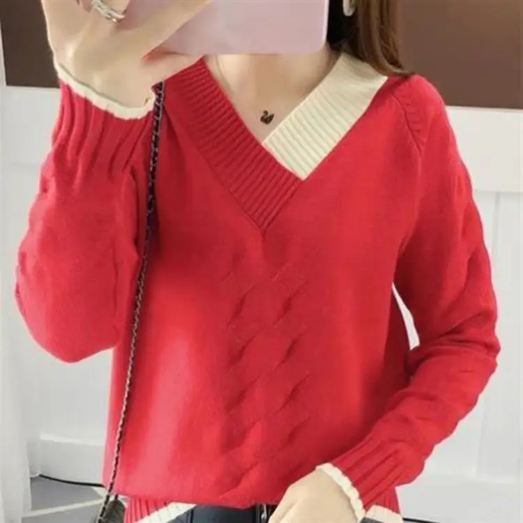 Women Yellow V-Neck Knit Sweater Long Sleeve Export Style - Image 5