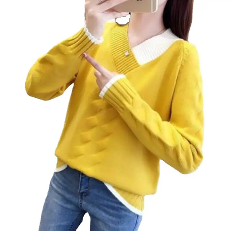 Women Yellow V-Neck Knit Sweater Long Sleeve Export Style - Image 7