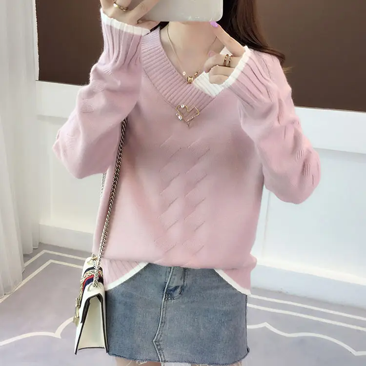 Women Yellow V-Neck Knit Sweater Long Sleeve Export Style - Image 3